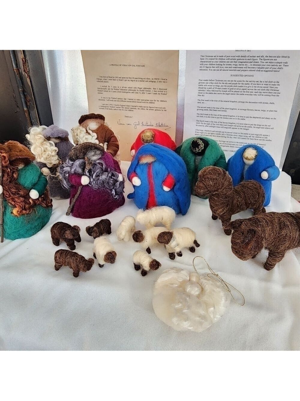 Vintage handmade Nativity Christmas wool Mohair & silk set 90's needle felted